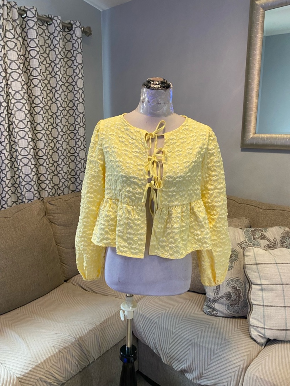 New Women XS Women's Front-Tie Peplum Blouse in a vibrant pastel yellow